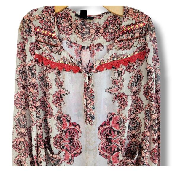 Style & Co Women’s Boho Floral Semi-Sheer Blouse with Front Pockets - Size Small - Picture 3 of 8